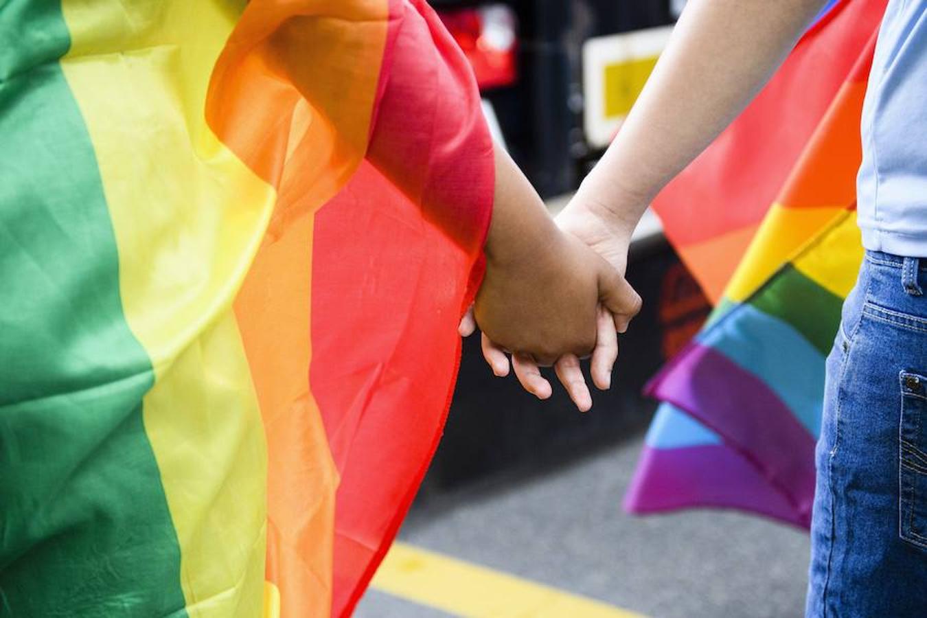 Dos participantes cogidos de la mano durante la Marcha del Orgullo Gay en Suiza.