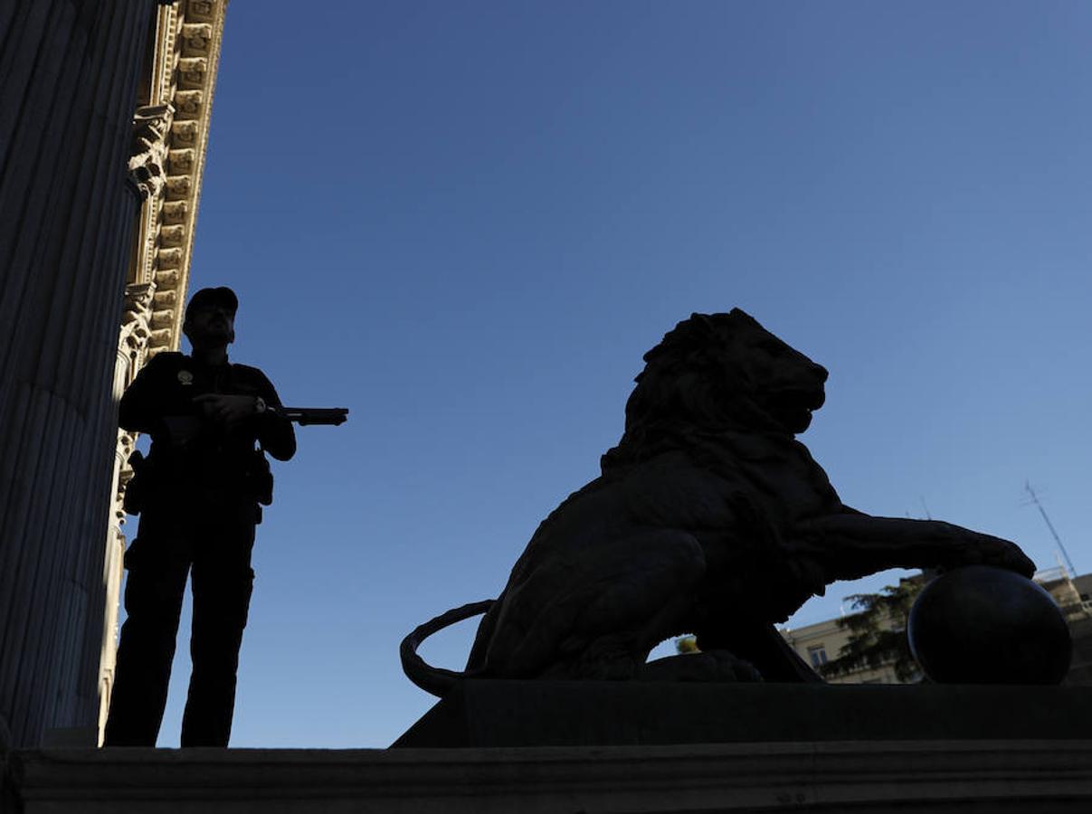 Un agente de Policía hace guardia junto a uno de los leones del Congreso.