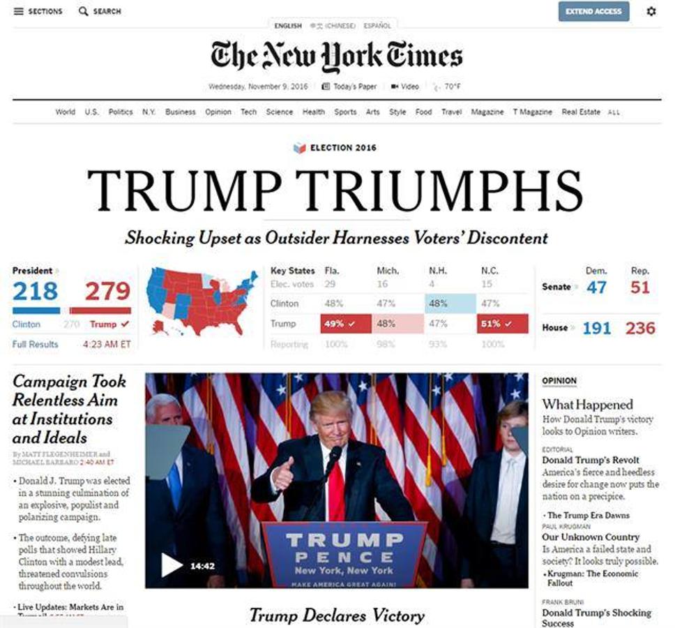 The New York Times (EE UU). «Trump, triunfa» titula también este periódico norteamericano