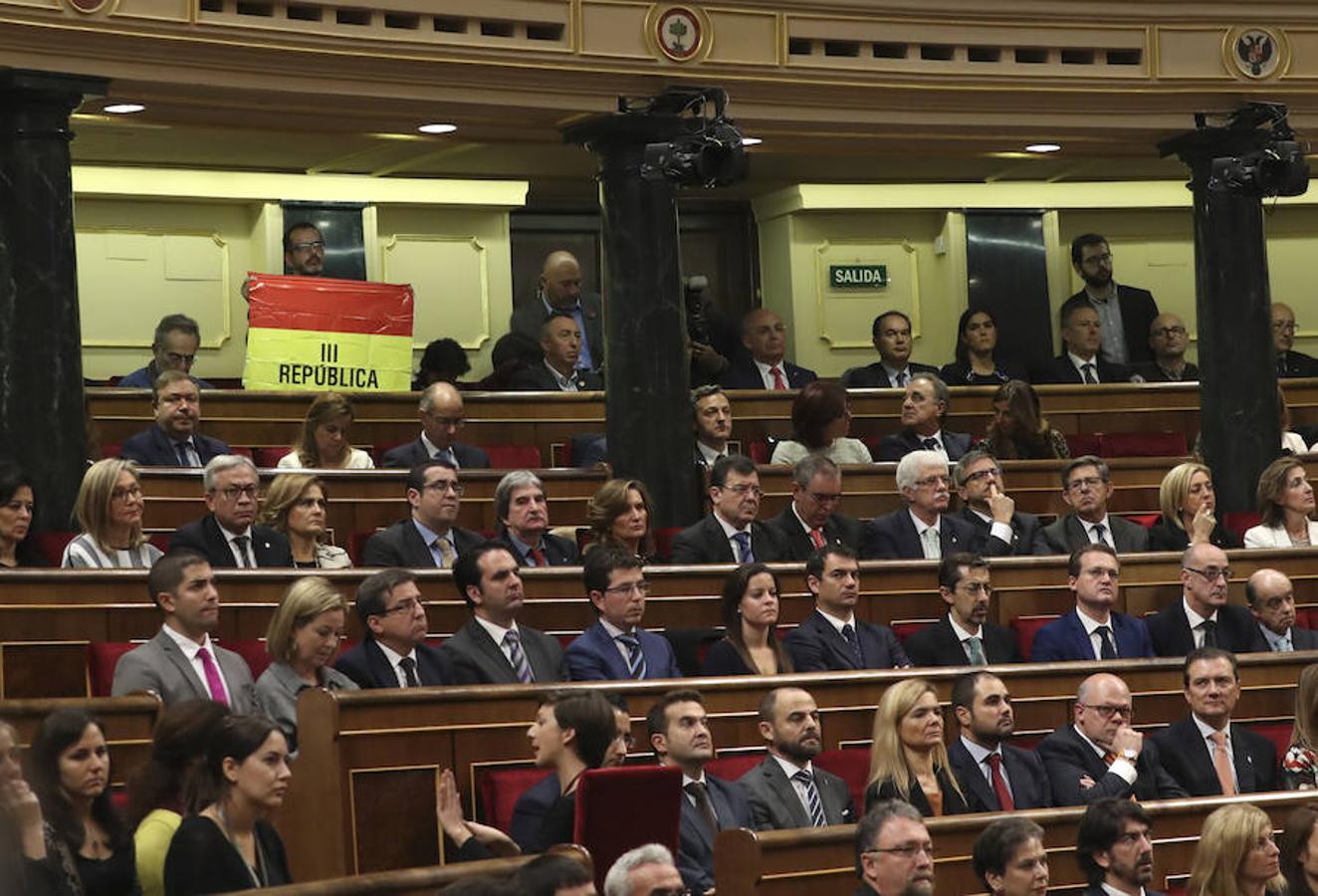 El senador navarro de IU Iñaki Bernal ha mantenido desplegada una bandera republicana desde su escaño .