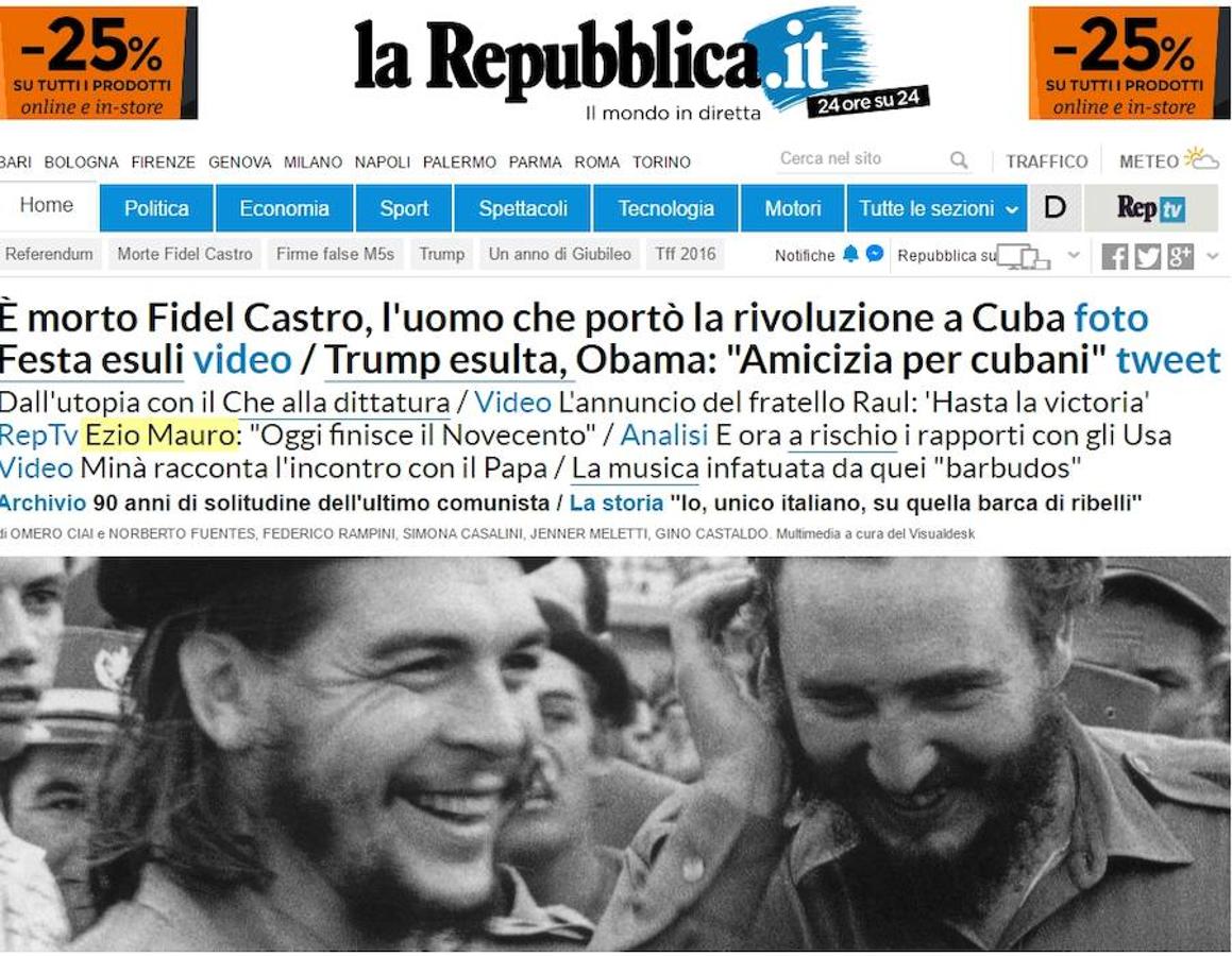 LA REPUBBLICA: «Ha muerto Fidel Castro, el hombre que llevó la revolución a Cuba».