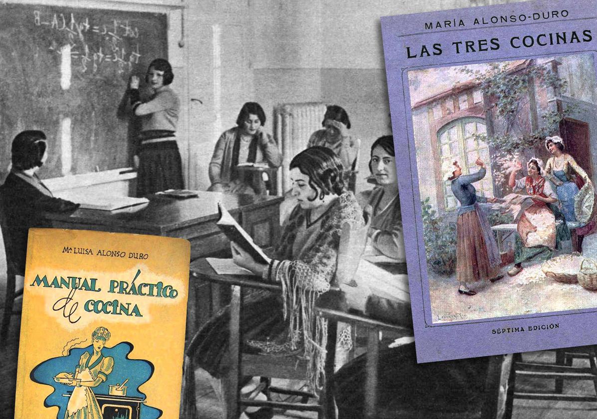 Libros de Alonso-Duro y fotografía de un aula en la Residencia de Señoritas.