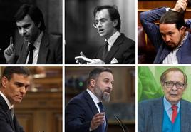 De izquierda a derecha y de arriba a abajo, Felipe González, Antonio Hernández Mancha, Pablo Iglesias, Pedro Sánchez, Santiago Abascal y Ramón Tamames.