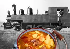 Olla ferroviaria de patatas con carne y fotografía de la locomotora de vapor Vizcaya.