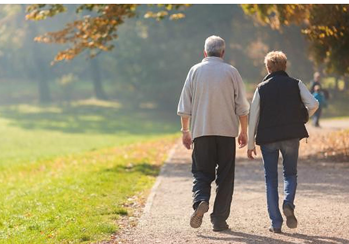 Una pareja camina por un parque.