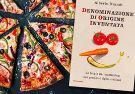Pizza italiana y portada del libro de Grandi..