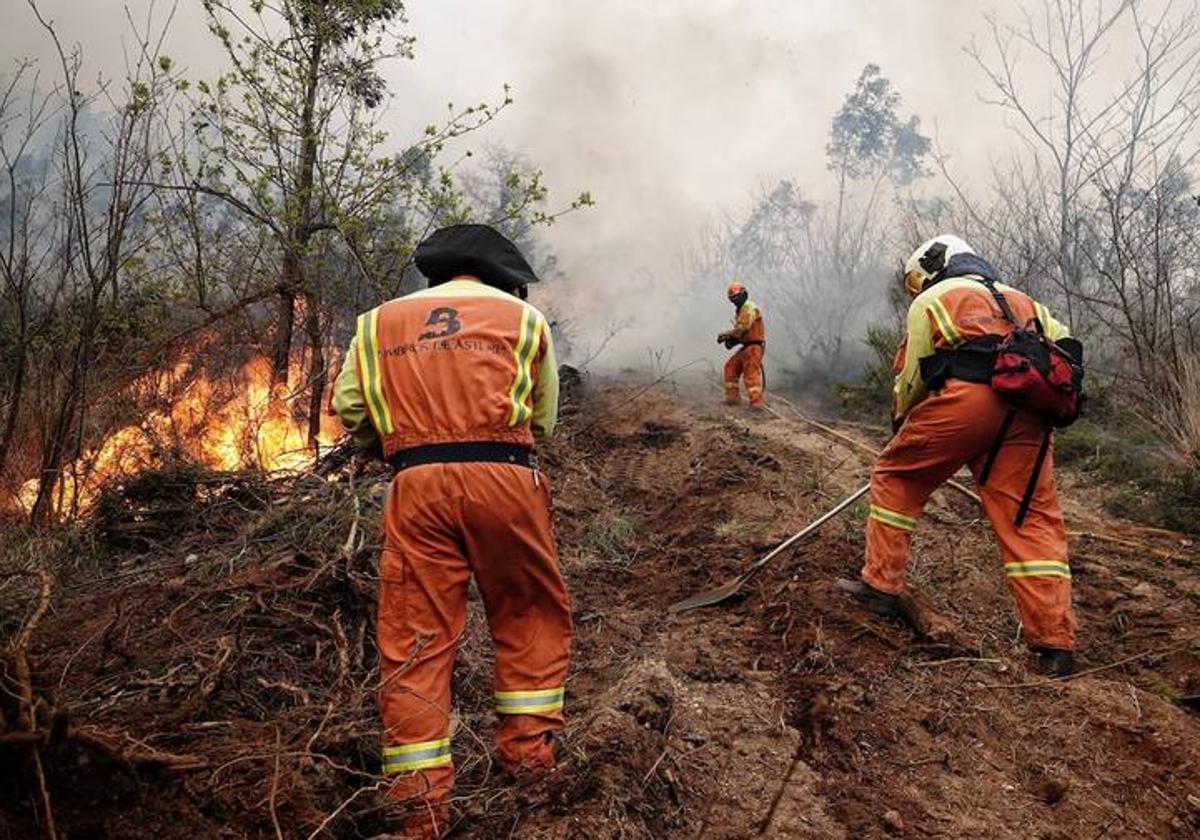 Bomberos trabajando en uno de los incendios en Asturias.