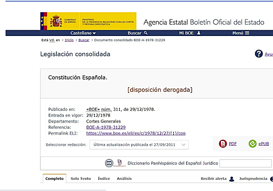 Pantallazo del BOE anunciando el miércoles por la mañana la derogación de la Constitución