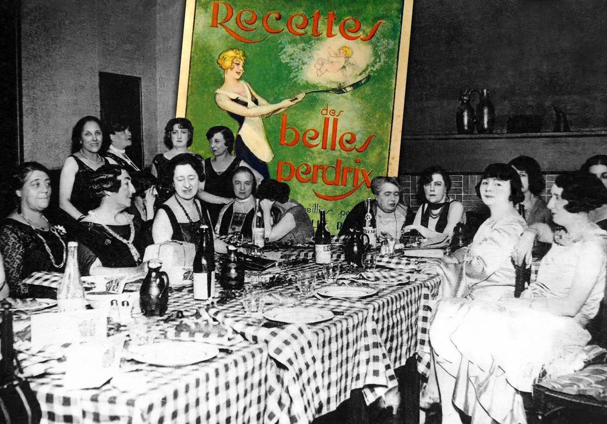 Foto de una reunión de las Belles Perdrix y portada de su recetario del club.