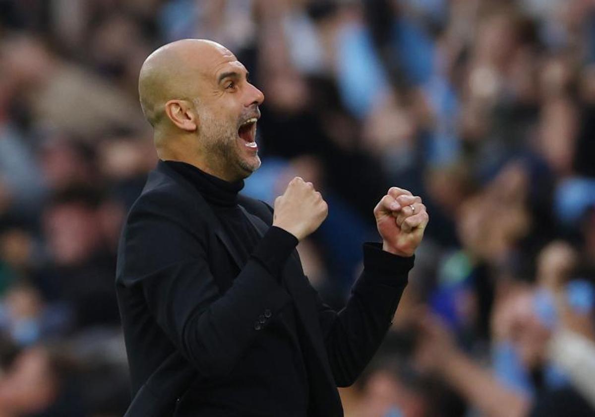 Pep Guardiola, técnico del City, celebra el éxito de su equipo ante el Real Madrid.