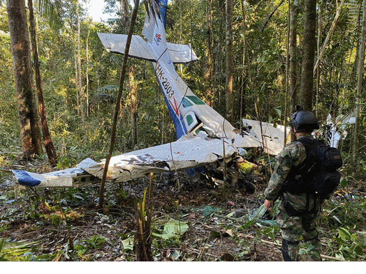 La avioneta que cayó en medio de la selva colombiana, donde fallecieron tres adultos y desaparecieron cuatro menores