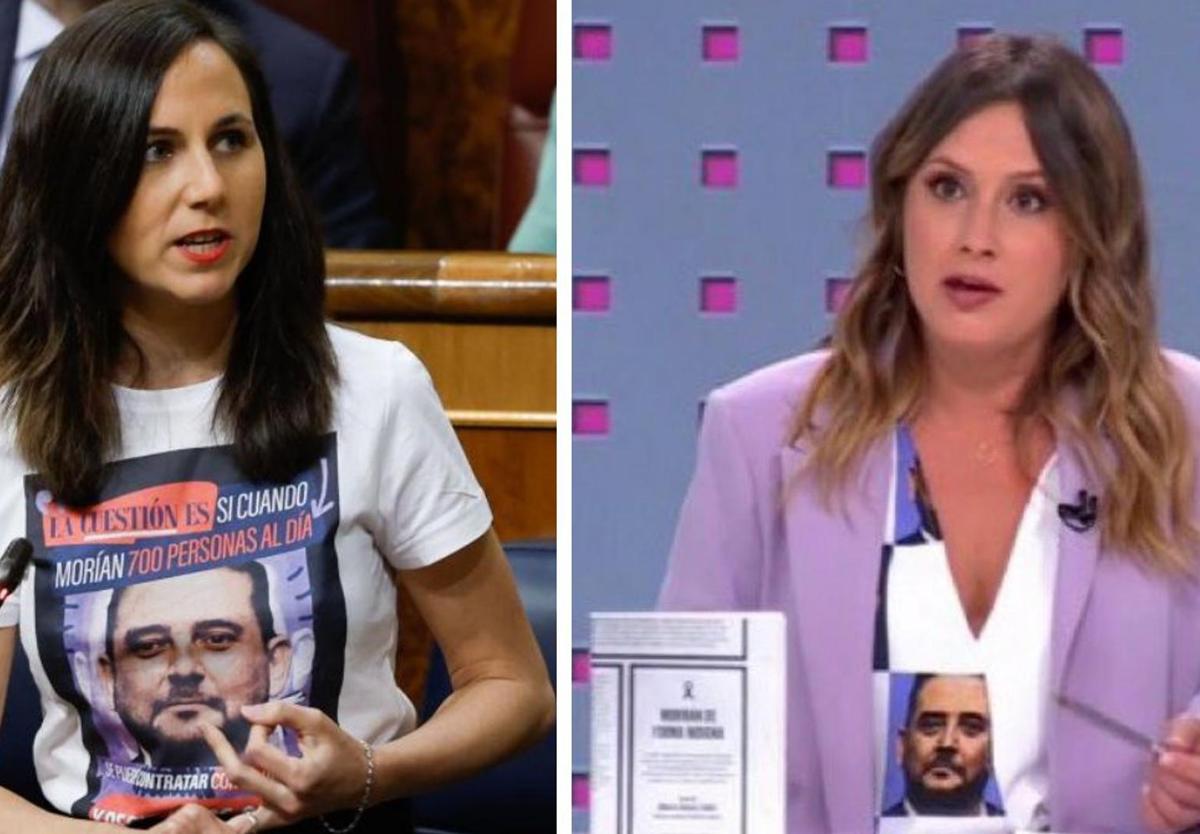 Ione Belarra y Alejandra Jacinto lucen la camiseta con la foto del hermano de Isabel Díaz Ayuso.