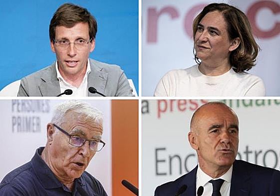 De arriba a abajo y de izquierda a derecha, los alcaldes actuales de Madrid, Barcelona, Valencia y Sevilla: José Luis Martínez Almeida, Ada Colau, Joan Ribó y Antonio Muñoz, respectivamente.
