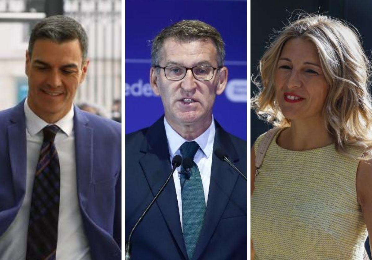 Pedro Sánchez (a la izquierda), Alberto Núñez-Feijóo y Yolanda Díaz.