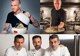 Dabiz Muñoz (derecha), del restaurante Diverxo; Bittor Arginzoniz, de Etxebarri: y Oriol Castro, Eduard Xatruch y Mateu Casañas, de Disfrutar.