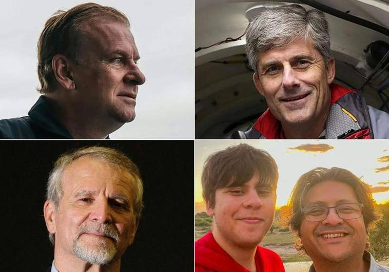 De izquierda a derecha y de arriba a abajo, el empresario Hamish Harding; el CEO de OceanGate Expeditions, Stockton Rush; Paul-Henri Nargeolet, director de un proyecto de investigación de aguas profundas dedicado al 'Titanic'; y Suleman Dawood y su padre, Shahzada Dawood, vicepresidente del conglomerado Engro, con sede en Karachi.