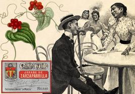Ilustración de Smilax aspera, etiqueta de jarabe de zarzaparrilla, y una horchatería.