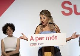 La vicepresidenta segunda y líder de Sumar, Yolanda Díaz, el domingo en un mitin en Cornellà de Llobregat (Barcelona).