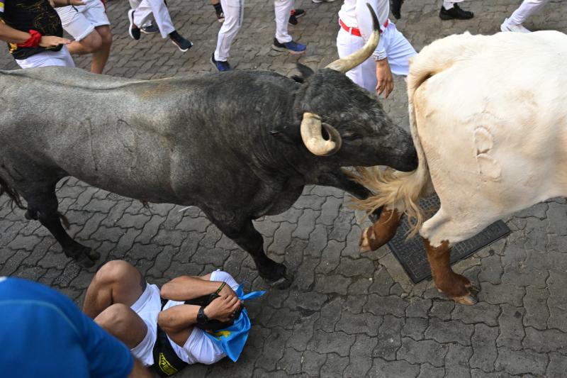 Detalle de un corredor en el suelo y un toro de José Escolar.