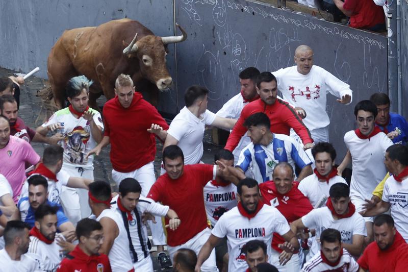 Los toros de la ganadería de Cebada Gago a su llegada a la curva de Mercaderes para enfilar Estafeta.