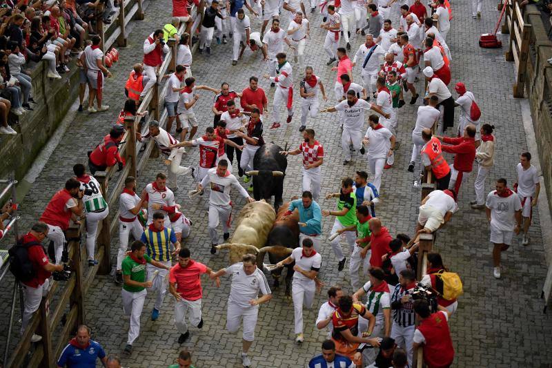 A partir del final de la cuesta de Santo Domingo han sido los toros los que han encabezado la manada imprimiendo un ritmo trepidante y difícil de seguir por los corredores.