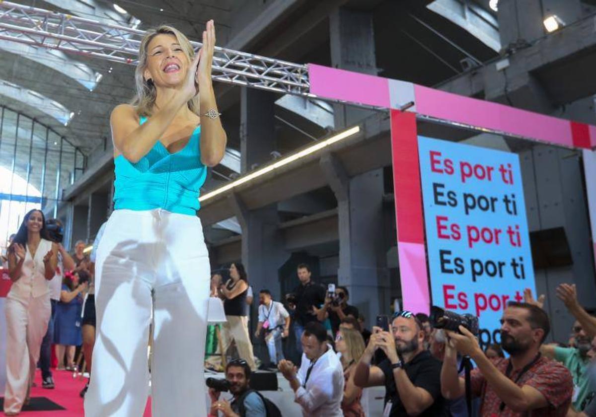 Yolanda Díaz durante el acto de Sumar de este domingo en Madrid..