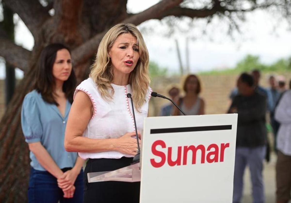 Yolanda Díaz en un acto de Sumar este lunes en Pamplona.