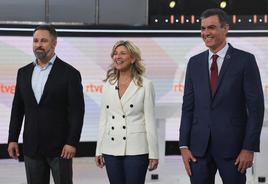 Santiago Abascal (Vox), Yolanda Díaz (Sumar) y Pedro Sánchez (PSOE).