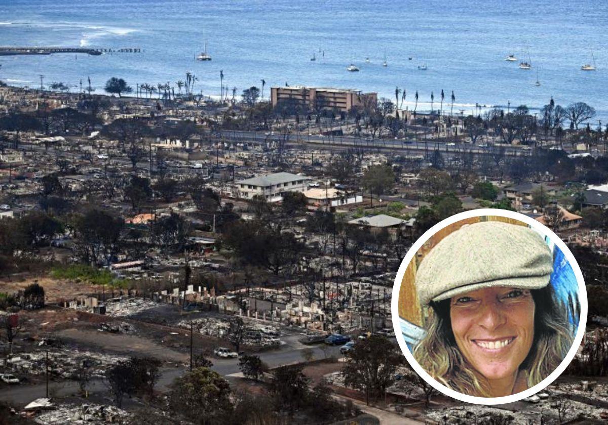 Vista aérea de la devastación en Lahaina. Abajo a la derecha, Esti Román.