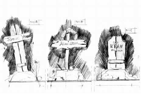 Imagen secundaria 1 - Bocetos de Carlo Simi con dibujos del cementerio circular de Sad Hill, las tumbas que rodean ese espacio y finalmente segmento del plano del Puente de Langstone, levantado sobre el río Arlanza en Hortigüela, que vuela por los aires en la película.