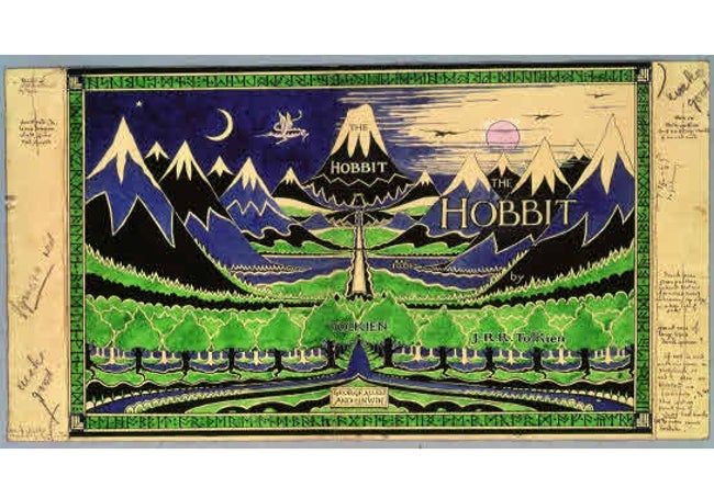 Ilustración de la cubierta de la primera edición del 'El hobbit anotado' de 1937 diseñada por Tolkien y publicada por Allen & Unwin.