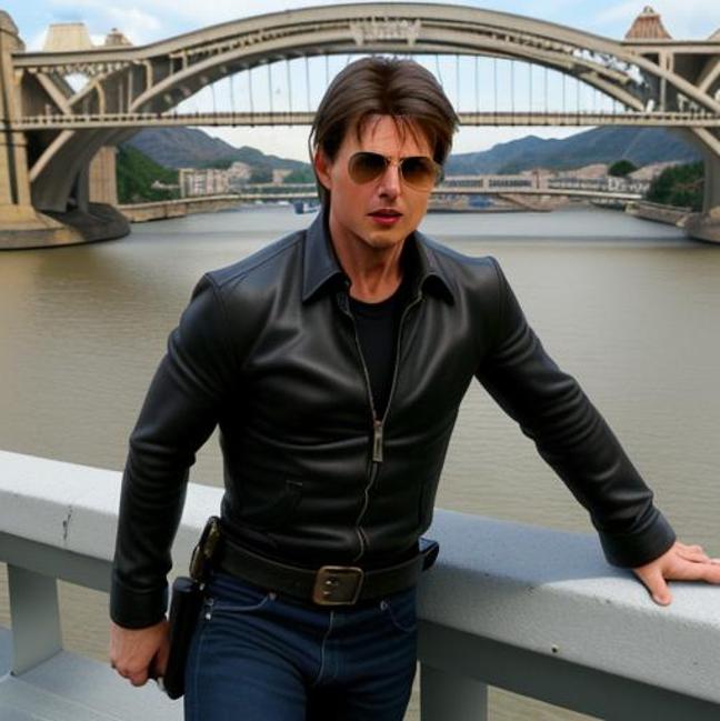 Tom Cruise en el Puente de Bizkaia. creado por IA.