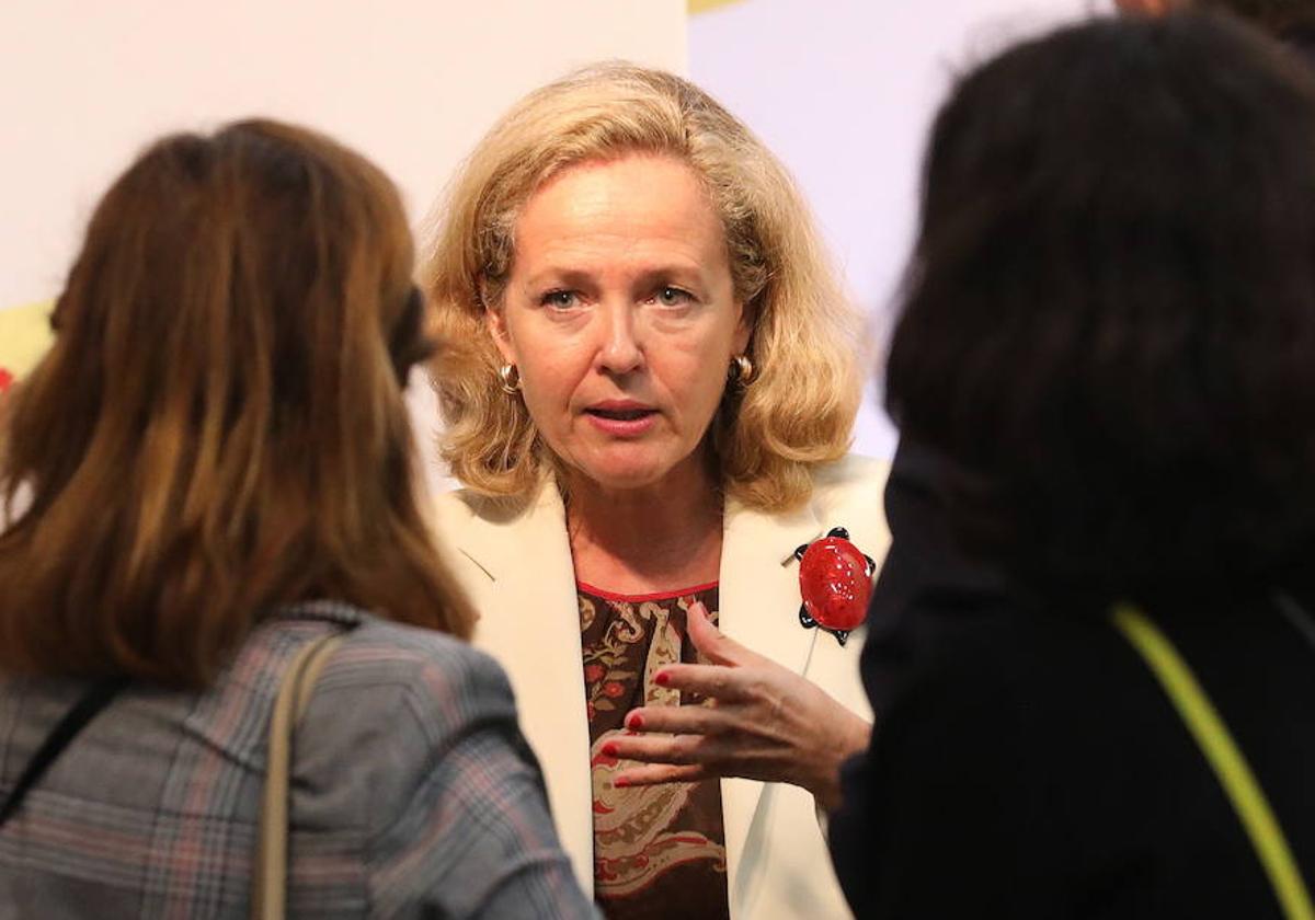 Nadia Calviño, tras su rueda de prensa en la cumbre del G-20 en Nueva Delhi (India).