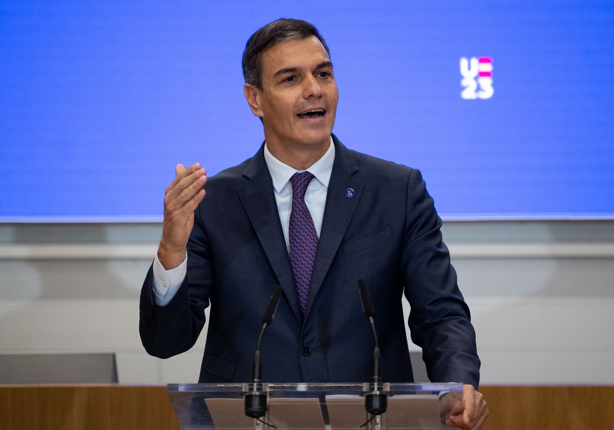 Pedro Sánchez, durante el acto en la sede de la CEOE en el que presentó, este viernes, la propuesta estratégica de la Presidencia española de la UE