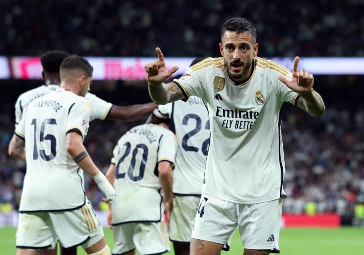 Joselu celebra el gol que le dio la victoria al Real Madrid frente a la Real Sociedad.