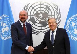 El presidente del Consejo Europeo, Charles Michel, junto al secretario general de Naciones Unidas, António Guterres