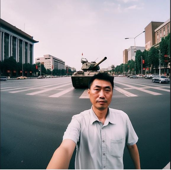 El hombre que detuvo los tanques en la plaza de TiananMen en Pekín (1989), se toma un selfie. No hay que explicar que es, evidentemente, una recreación hiperrrealista.