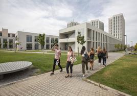 Varios jóvenes en la universidad.