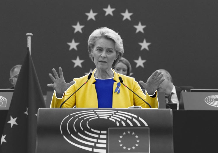 Ursula von der Leyen en el discurso anual sobre el estado de la UE centrado en Ucrania en 2022.