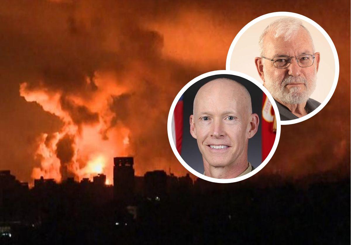 De izquierda a derecha, los asesores James Glynn y Yaakov Amidror y, al fondo, el impacto de un misil en Gaza.