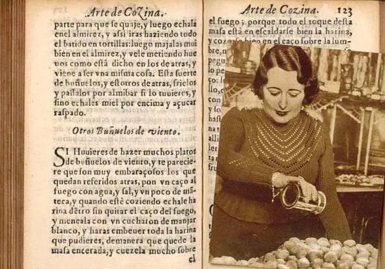 Receta de buñuelos de viento del libro 'Arte de cozina' (1611) y una confitería madrileña en 1972.