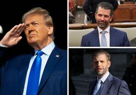 Donald Trump y sus hijos, Donald Jr y Eric, en sus respectivas comparecencias judiciales.