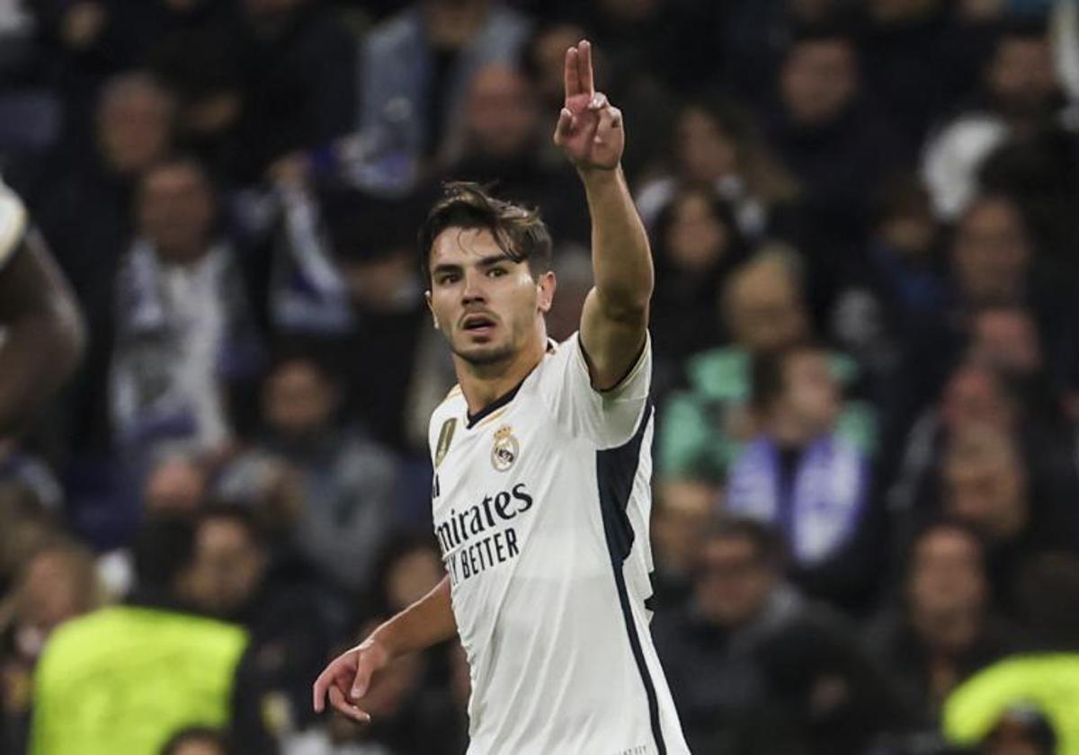 Brahim celebra el gol que abrió la victoria del Real Madrid frente al Braga.