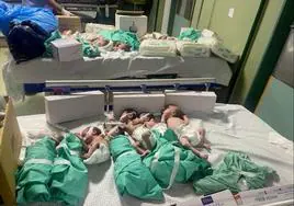 Bebés recién nacidos son colocados en camas tras ser sacados de las incubadoras del hospital gazatí de Al Shifa por la falta de electricidad.