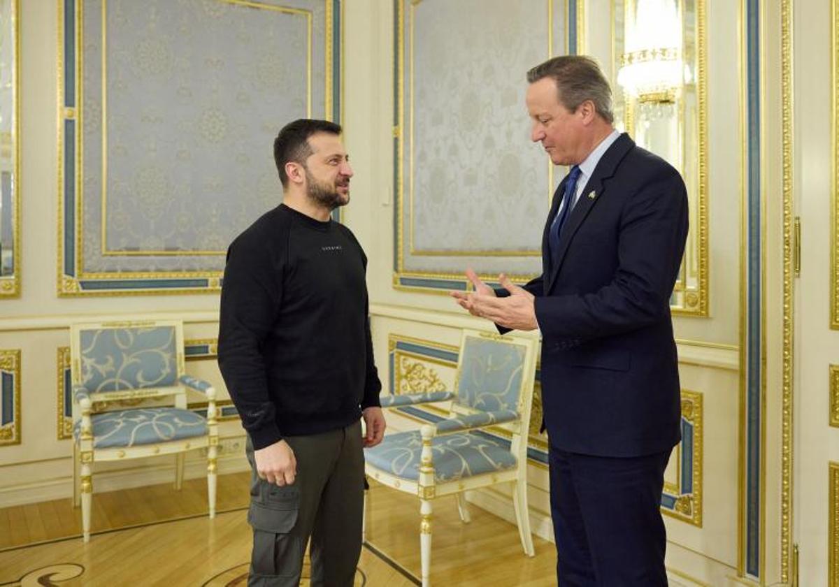 El ministro británico de Exterior, David Cameron, conversa con el presidente ucraniano, Volodímir Zelenski, durante su encuentro de este jueves en Kiev.