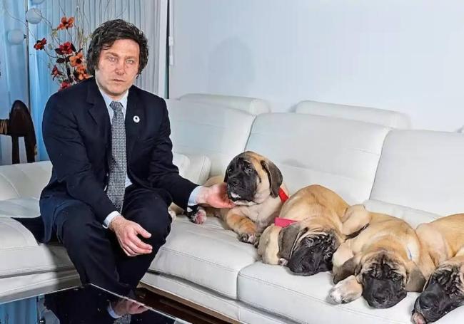 El candidato presidencial argentino Javier Milei junto a sus cuatro perros clonados.