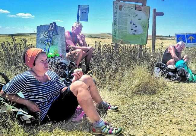 Peregrinos se toman un respiro cerca de Castrojeriz, rodeados de los campos de cereal de Castilla.