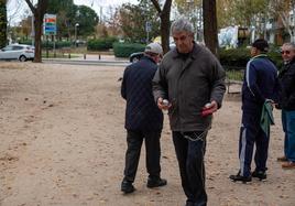 Un grupo de jubilados juega a la petanca en un parque de Madrid.