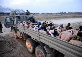 El ejército israelí traslada en un camión, atados, con los ojos vendados y semidesnudos, a los palestinos detenidos.