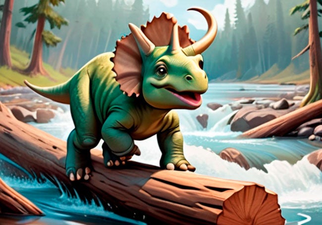 En el cuento que nos ha propuesto ChatGPT, el pequeño dinosaurio tiene que atravesar un río. Tal y como le habíamos pedido, nuestro protagonista debe superar el reto con ingenio. Así que la IA nos dice que el bebé triceratops embiste contra un tocón de árbol seco para derribarlo y después usarlo como balsa para cruzar las aguas. Bastante ingenioso, ¿no?